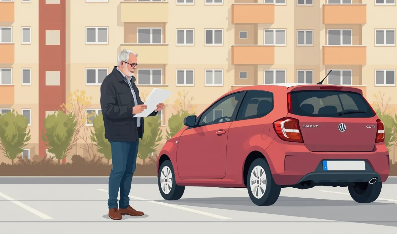 Mladý vodič kontroluje poškodený nárazník staršieho auta na parkovisku