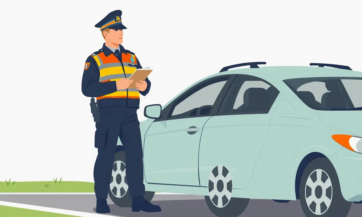 Policajná hliadka kontrolujúca vodiča osobného auta pri cestnej kontrole
