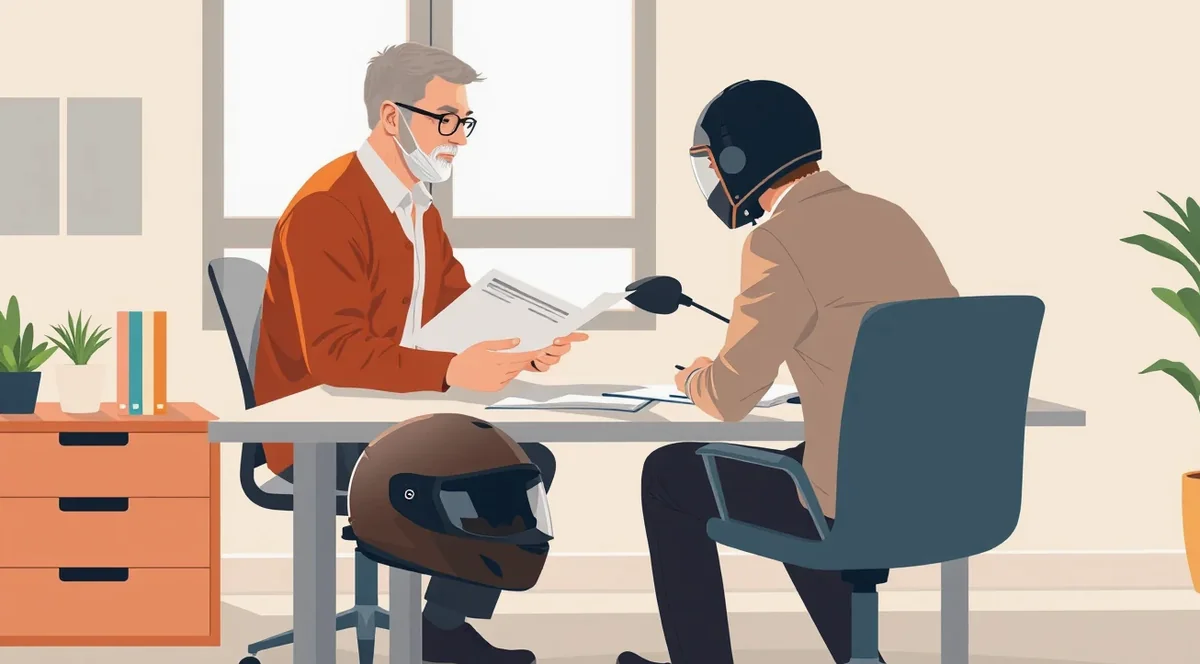 Motocyklista v ochrannej kombinéze kontroluje stav svojej motorky pri krajnici cesty