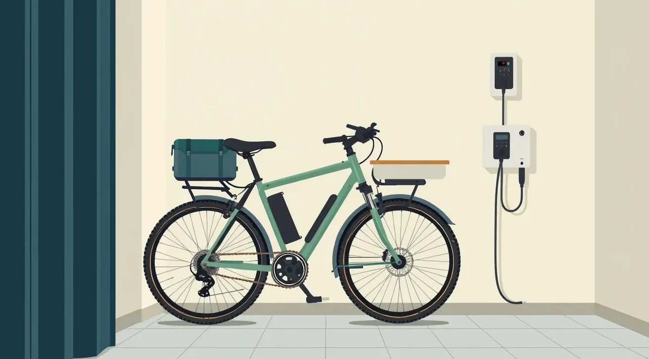 Horský elektrobicykel pripútaný masívnym zámkom k stene v murovanej pivnici
