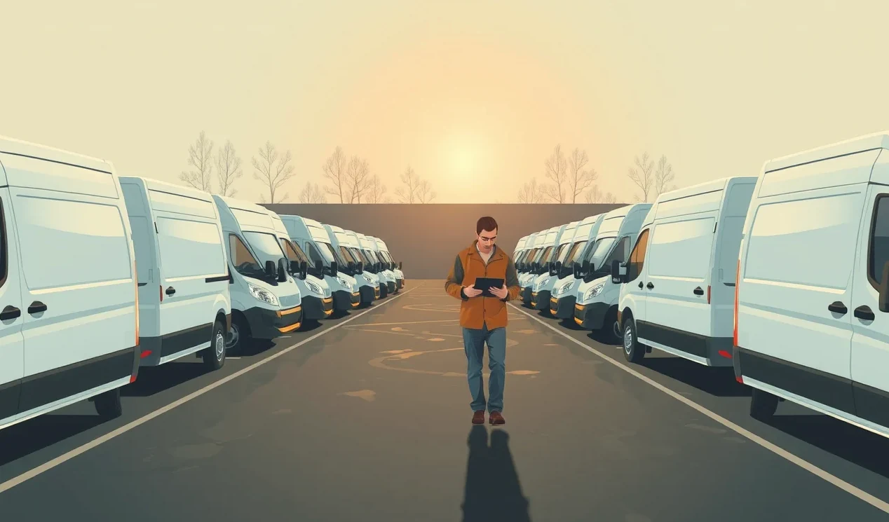 Firemný vozový park zaparkovaný pred skladovým areálom
