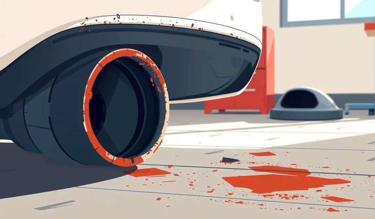 Mechanik na zdviháku kontroluje prasknuté výfukové potrubie a uchytenie katalyzátora pod vozidlom
