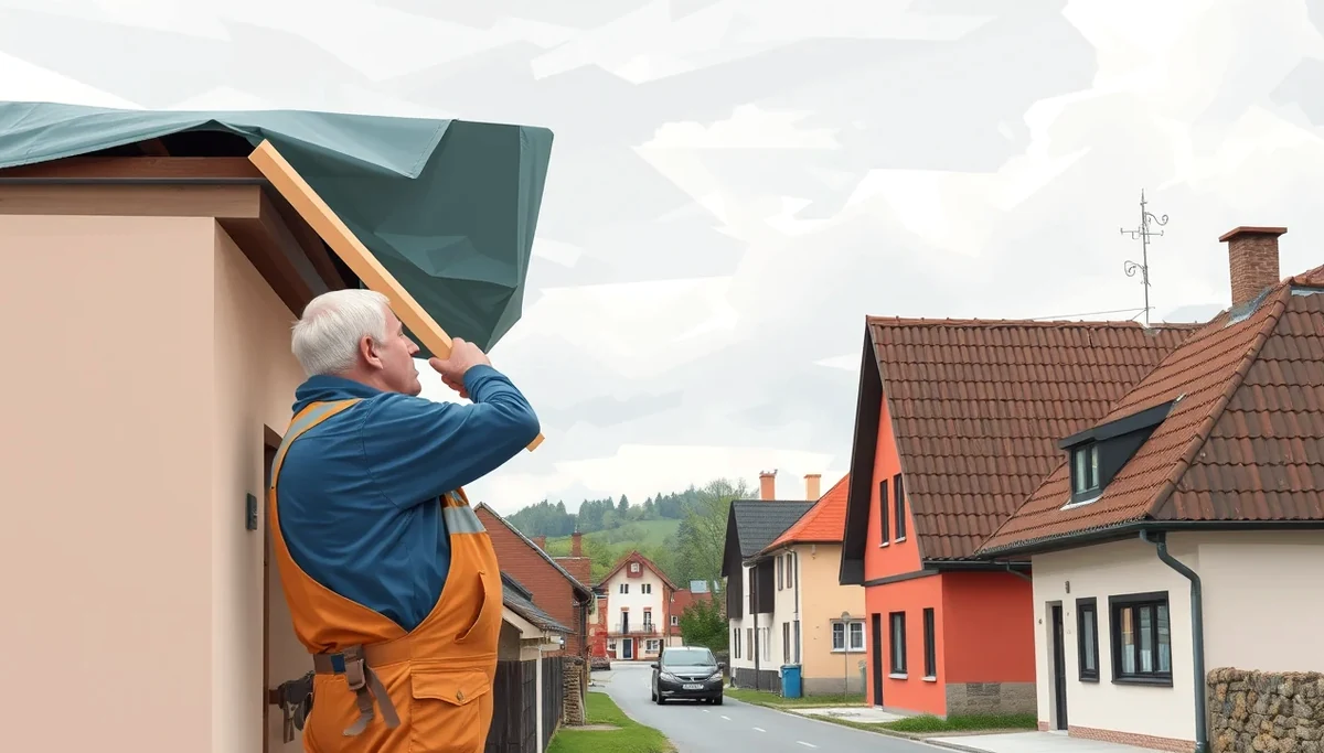 Podopretý nosný trám a provizórne zaplachtovaná strecha po poškodení budovy