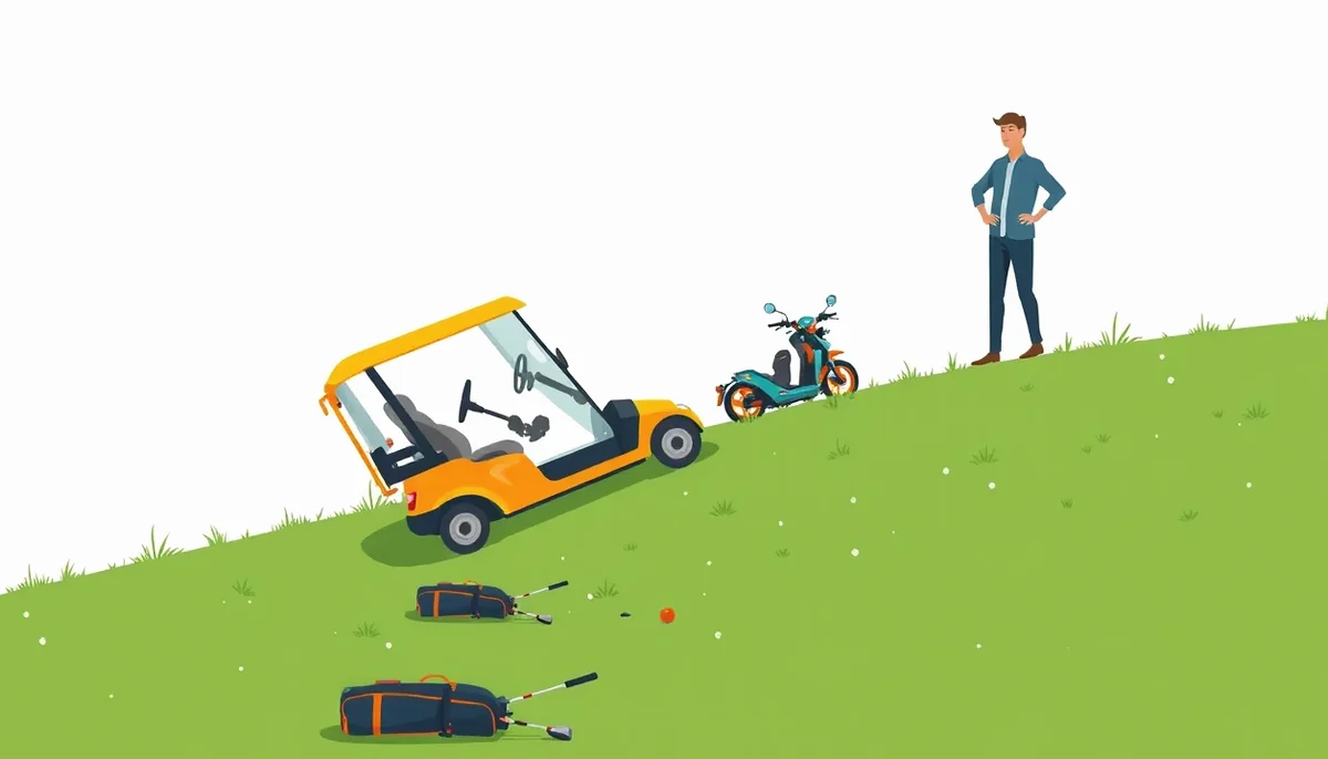 Elektrický golfový vozík odstavený na trávniku pri odpalisku