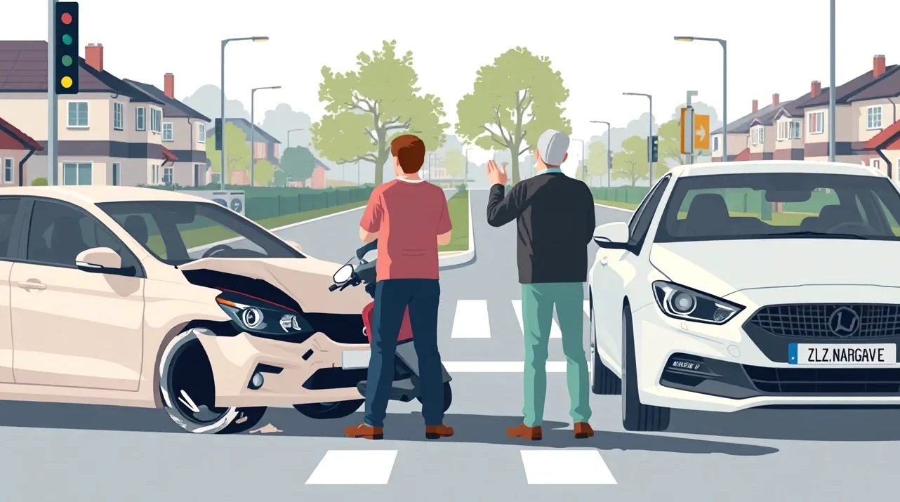 Dva havarované automobily na križovatke s poškodenými blatníkmi a nárazníkmi
