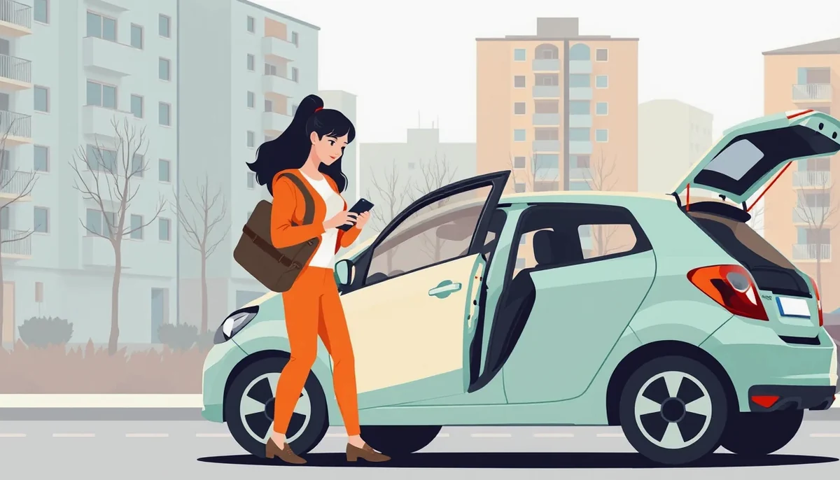 Skupina zaparkovaných zdieľaných dodávok a elektrických áut pred modernou budovou