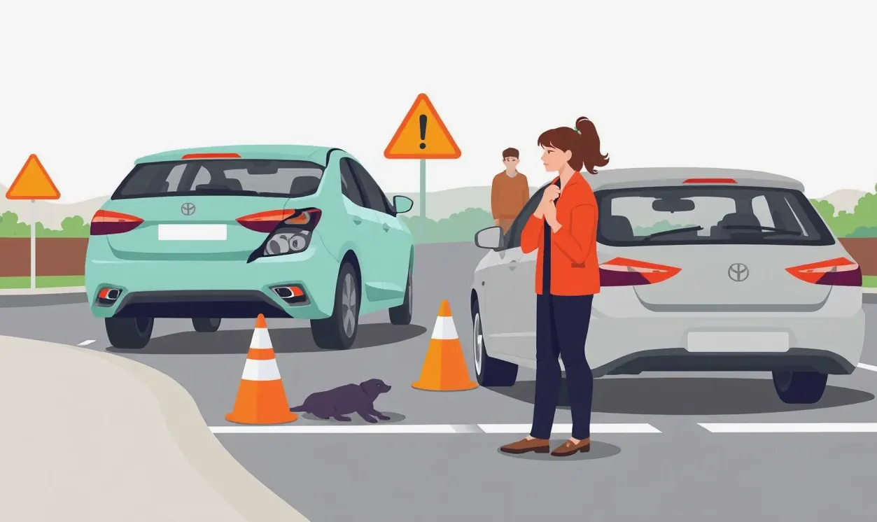 Policajný zápisník a poškodený smartfón na palubnej doske po nehode na ceste