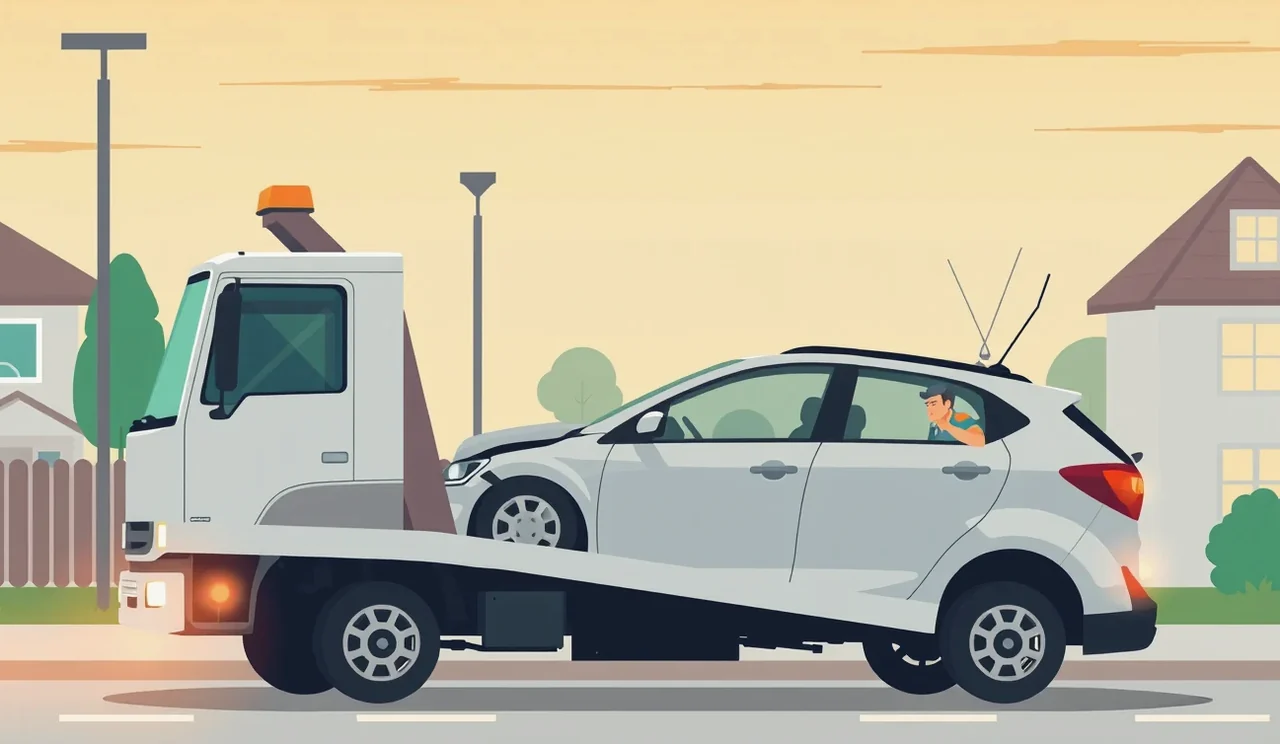Žlté odťahové vozidlo nakladá nepojazdné osobné auto s poruchou na krajnici cesty
