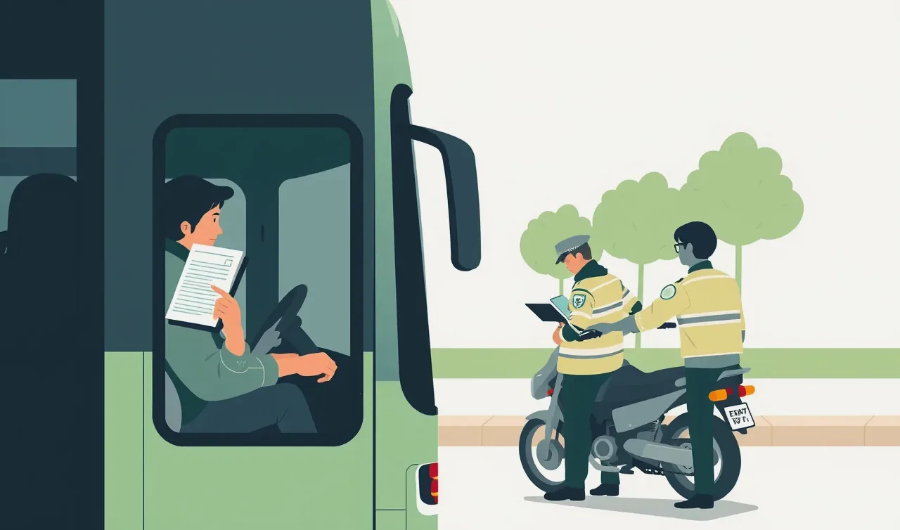 Vodič autobusu drží v ruke medzinárodnú automobilovú poisťovaciu kartu pri kontrole dokladov