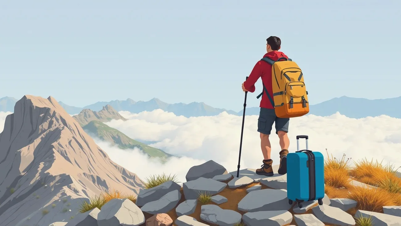 Turisti s batohmi kráčajú po kamenistom hrebeni v horskom masíve Fagaraš