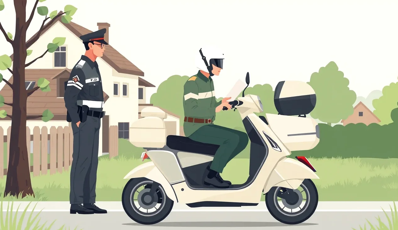 Motocyklista na skútri pri kontrole dokladov a zelenej karty na horskom priechode