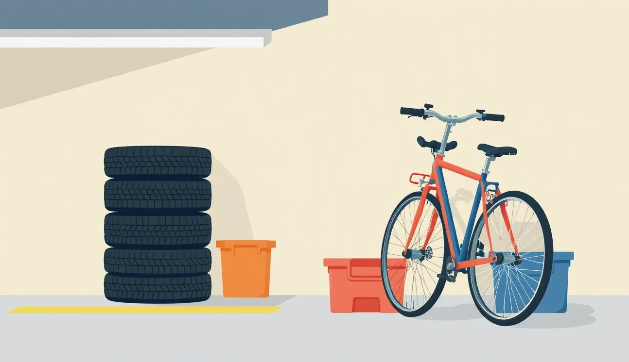 Majiteľ parkovacieho miesta kontroluje uzamknutie závesného kovového boxu s bicyklom na stene garáže