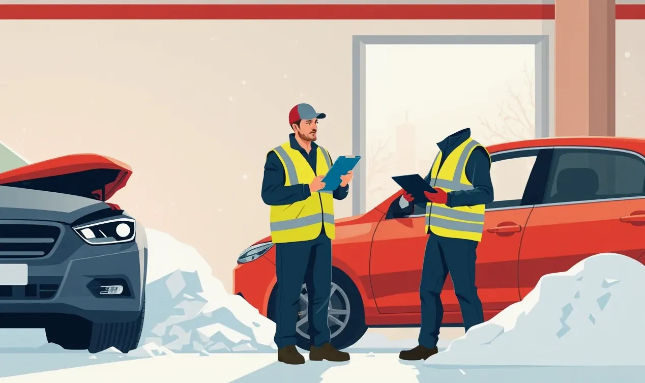 Zasnežené auto zaparkované pri bytovom dome s cencúľmi visiacimi zo strechy