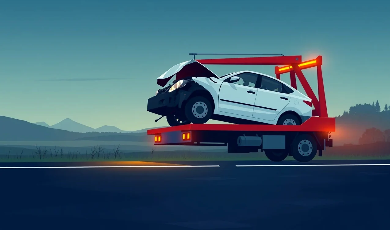 Havarované firemné auto s poškodeným motorovým priestorom na odťahovom vozidle