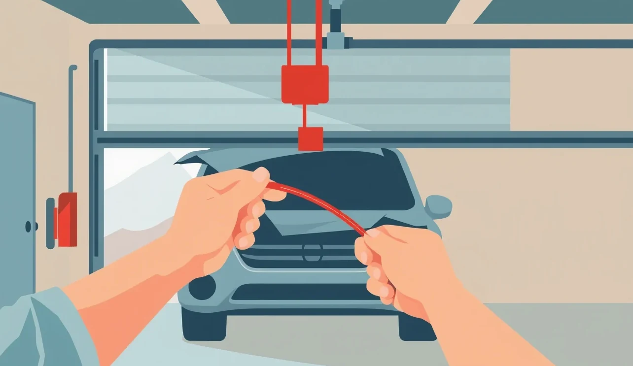 Servisný technik kontroluje optickú závoru a torznú pružinu automatickej garážovej brány